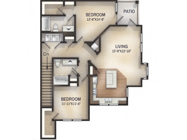 Floor plan for 2 beds, 2 baths, 1336 sqft